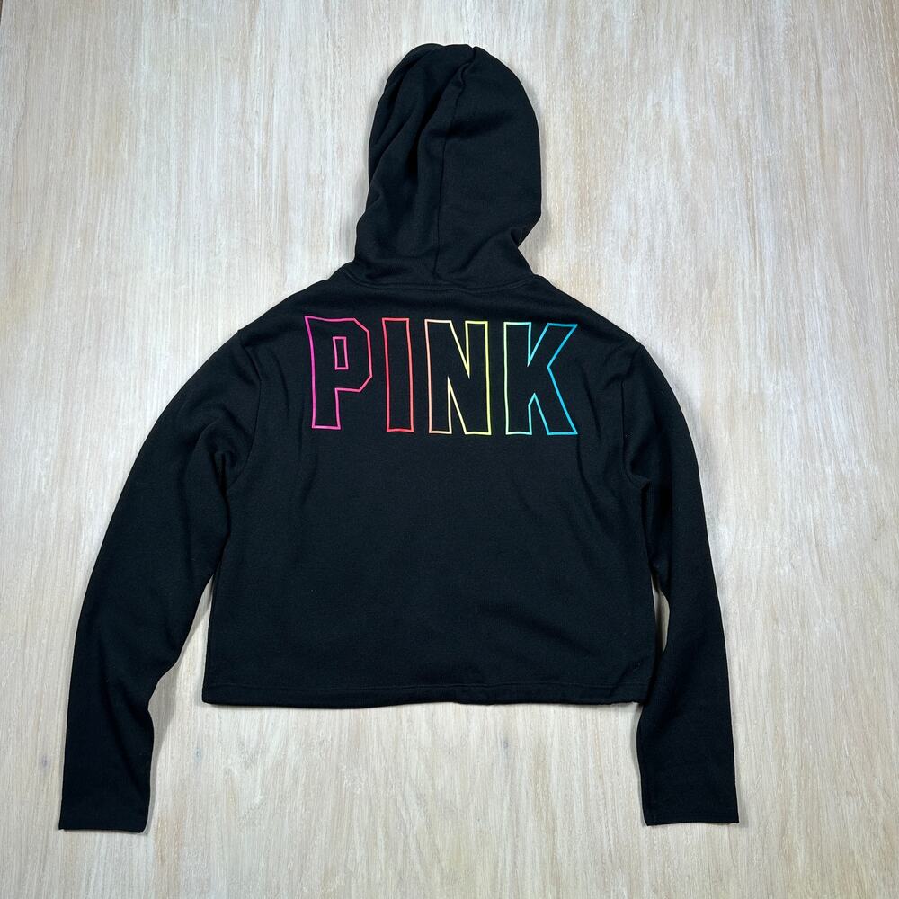 PINK Victoria's Secret Black Pullover Crop Hoodie Y2K Casual Rainbow Logo Small - Picture 1 of 11